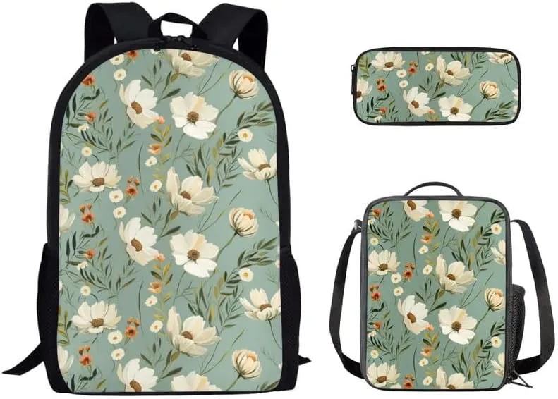 Daffodil Leaf Hand Drawing Backpack School Bags for Girls with Flower Art Painting Lunch Bag with Pencil Case 3-Pieces for Teens Boys Girls School