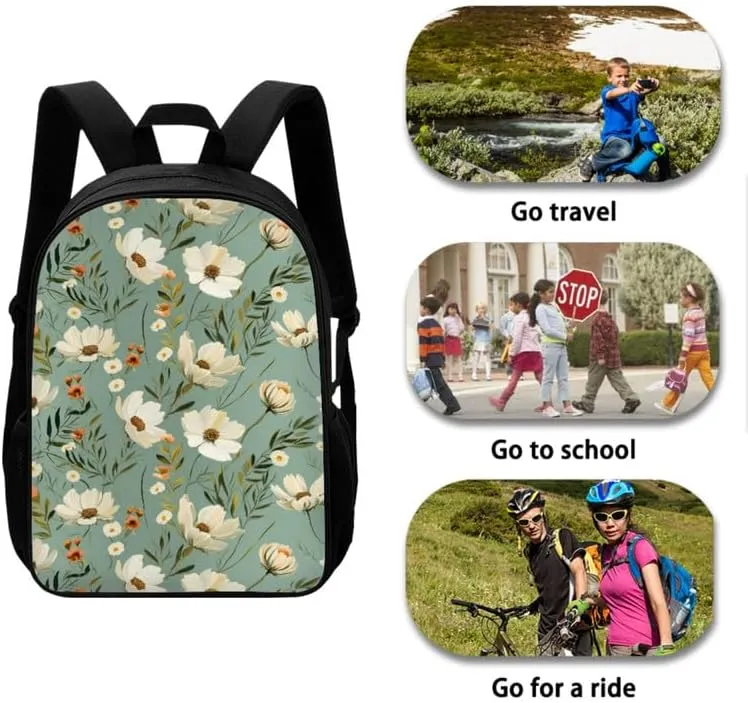 Daffodil Leaf Hand Drawing Backpack School Bags for Girls with Flower Art Painting Lunch Bag with Pencil Case 3-Pieces for Teens Boys Girls School