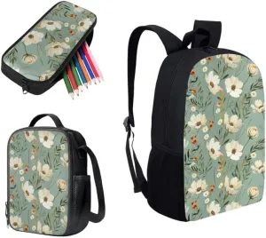 Daffodil Leaf Hand Drawing Backpack School Bags for Girls with Flower Art Painting Lunch Bag with Pencil Case 3-Pieces for Teens Boys Girls School