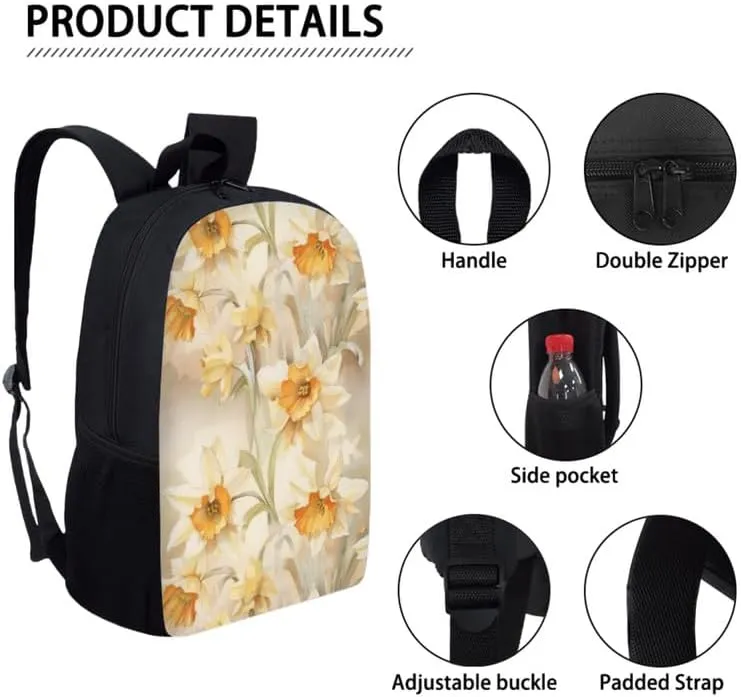 Daffodil Watercolor Painting School Backpack for Girls Cute Kids Flower Hand Drawing Lunch Boxes and Pencil Case 3-Pieces for Teens Boys School Pencil Cases Schoolbag Set