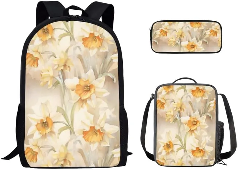 Daffodil Watercolor Painting School Backpack for Girls Cute Kids Flower Hand Drawing Lunch Boxes and Pencil Case 3-Pieces for Teens Boys School Pencil Cases Schoolbag Set