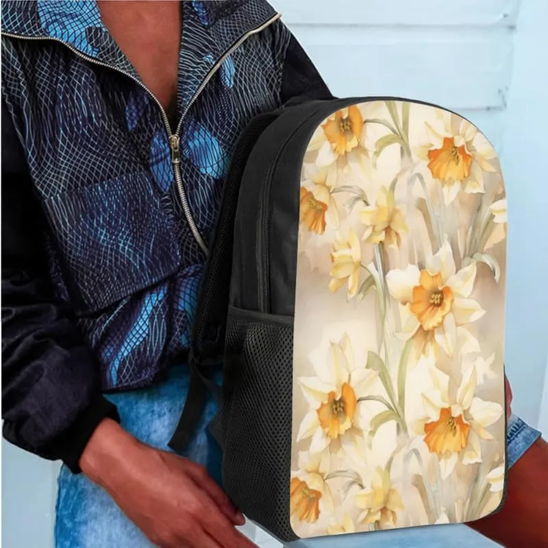 Daffodil Watercolor Painting School Backpack for Girls Cute Kids Flower Hand Drawing Lunch Boxes and Pencil Case 3-Pieces for Teens Boys School Pencil Cases Schoolbag Set