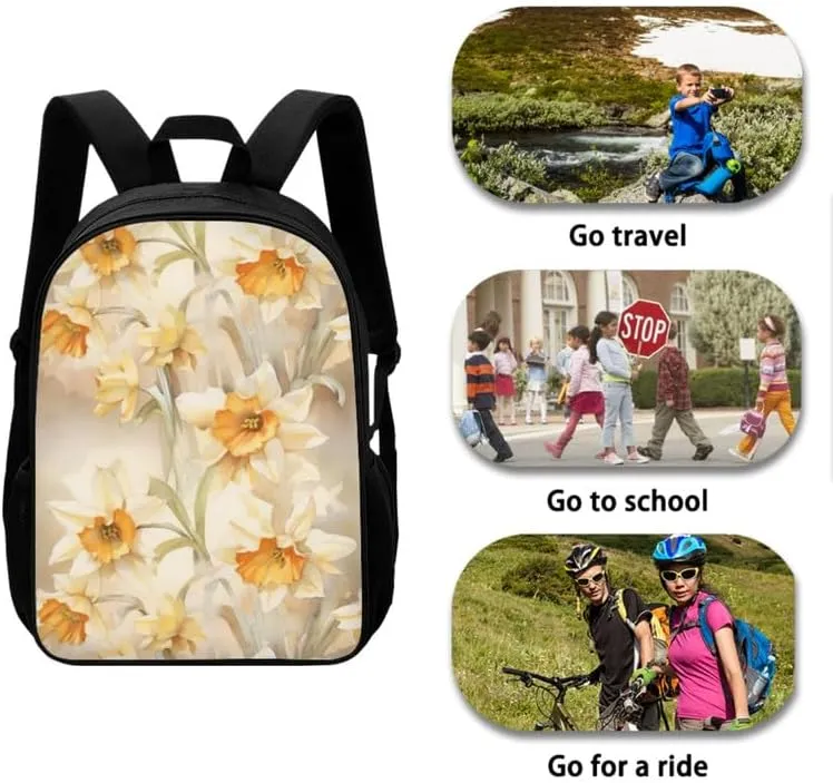 Daffodil Watercolor Painting School Backpack for Girls Cute Kids Flower Hand Drawing Lunch Boxes and Pencil Case 3-Pieces for Teens Boys School Pencil Cases Schoolbag Set