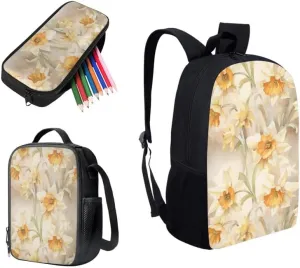 Daffodil Watercolor Painting School Backpack for Girls Cute Kids Flower Hand Drawing Lunch Boxes and Pencil Case 3-Pieces for Teens Boys School Pencil Cases Schoolbag Set
