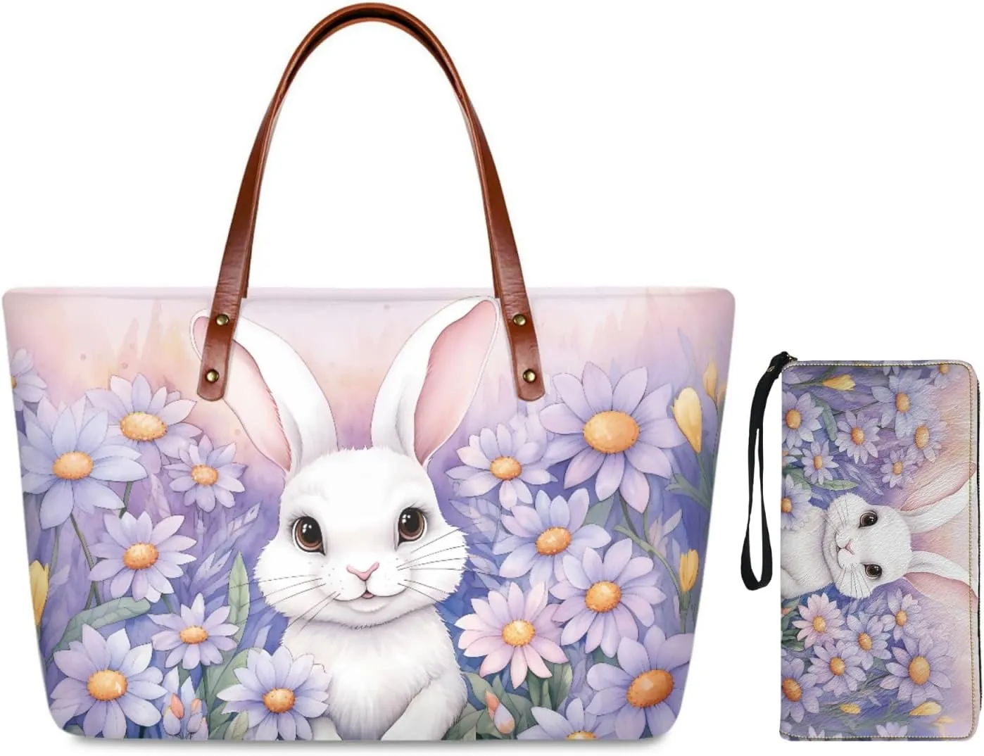 Daist with Rabbit Tote Bag and Purse 2Pcs Set Woman Shoulder Bag Portable Casual Shopping Handbags Large Size Tote Bags with Rfid Wristlet Wallet