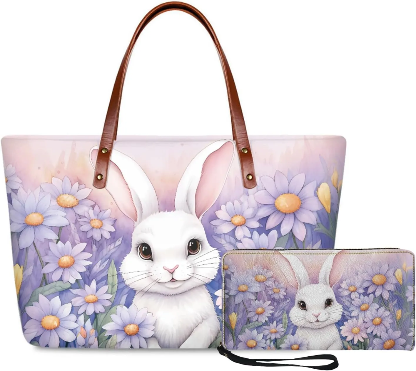 Daist with Rabbit Tote Bag and Purse 2Pcs Set Woman Shoulder Bag Portable Casual Shopping Handbags Large Size Tote Bags with Rfid Wristlet Wallet