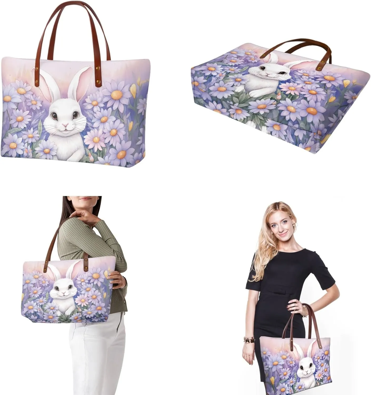 Daist with Rabbit Tote Bag and Purse 2Pcs Set Woman Shoulder Bag Portable Casual Shopping Handbags Large Size Tote Bags with Rfid Wristlet Wallet