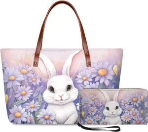 Daist with Rabbit Tote Bag and Purse 2Pcs Set Woman Shoulder Bag Portable Casual Shopping Handbags Large Size Tote Bags with Rfid Wristlet Wallet