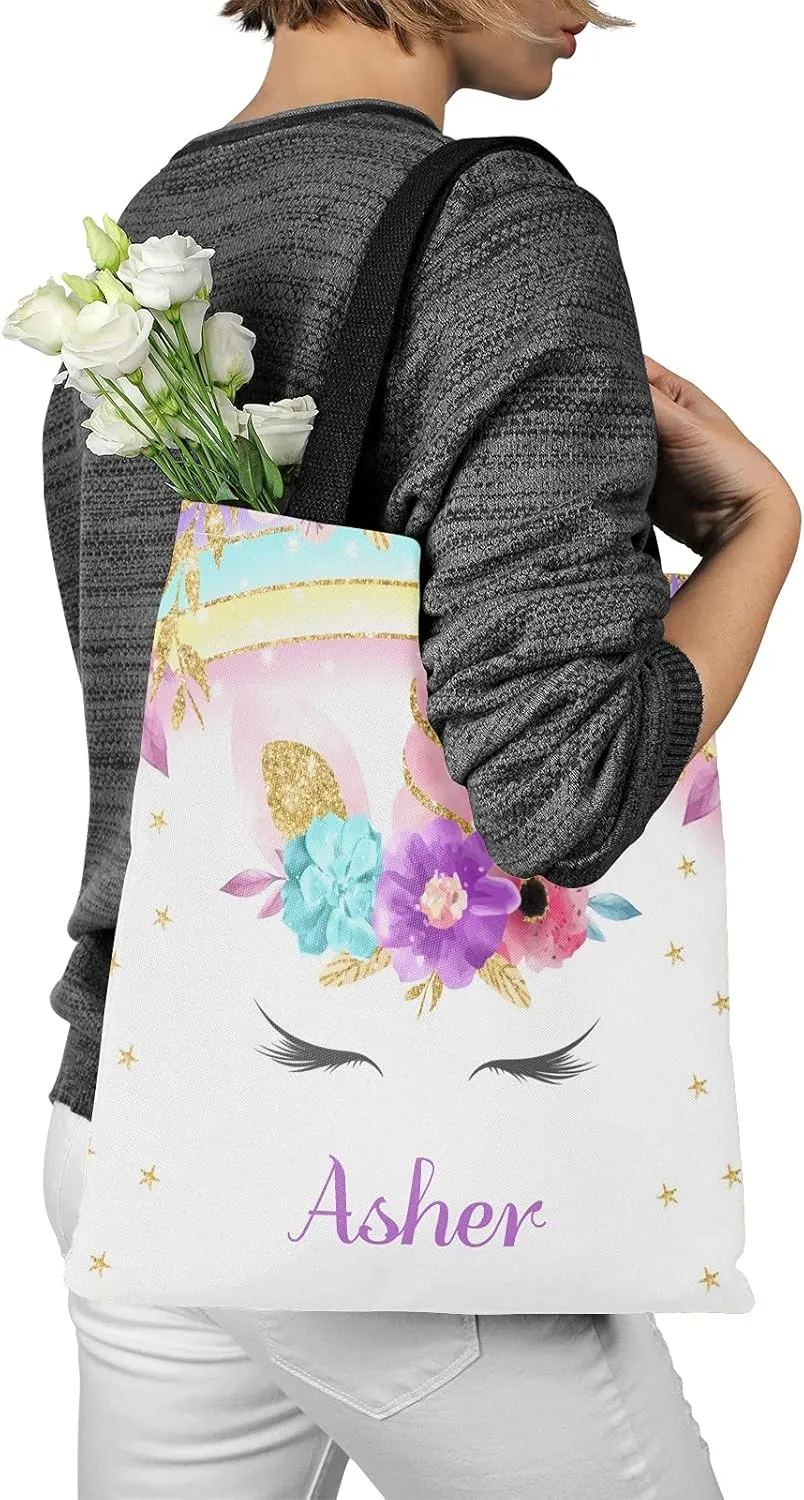 Deer Floral Pink Personalized Canvas Tote Bags for Women Kids, Reusable Bags for Shopping,Travel,School Handbag Gift