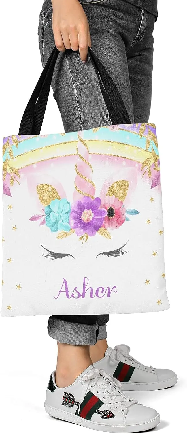 Deer Floral Pink Personalized Canvas Tote Bags for Women Kids, Reusable Bags for Shopping,Travel,School Handbag Gift