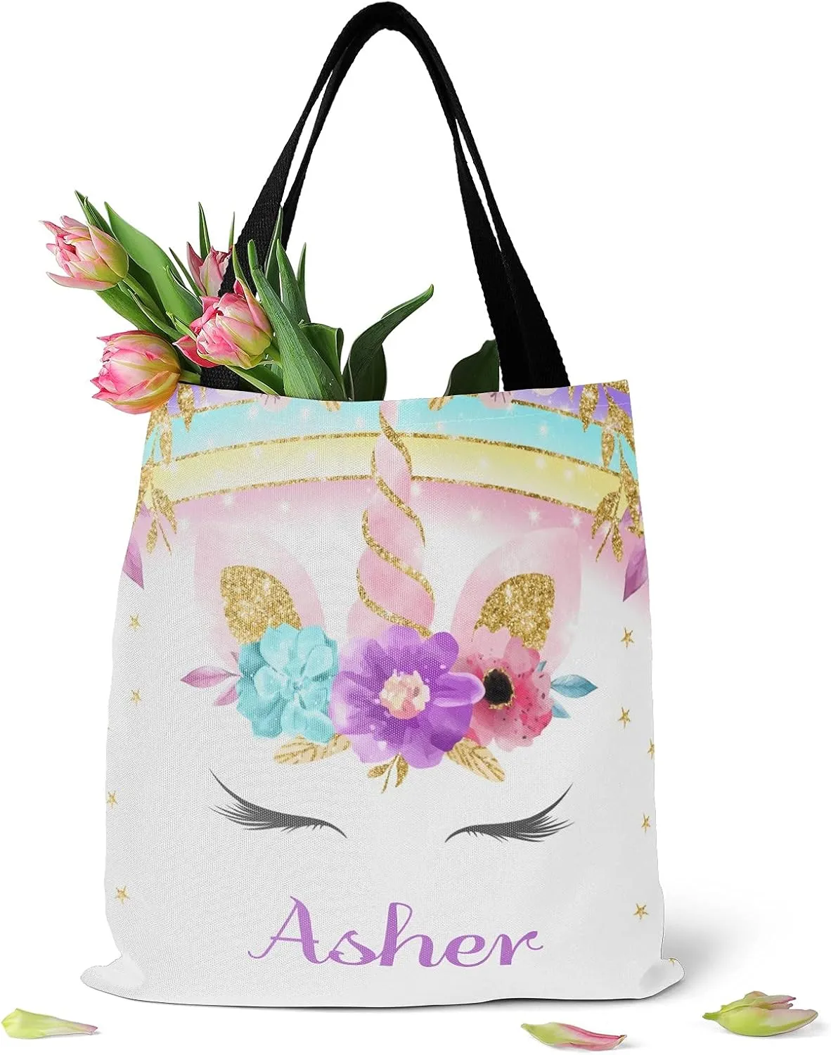Deer Floral Pink Personalized Canvas Tote Bags for Women Kids, Reusable Bags for Shopping,Travel,School Handbag Gift