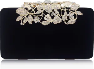 Dexmay Velvet Women Clutch Evening Bag with Rhinestone Crystal Flower Clasp Formal Purse for Party Black