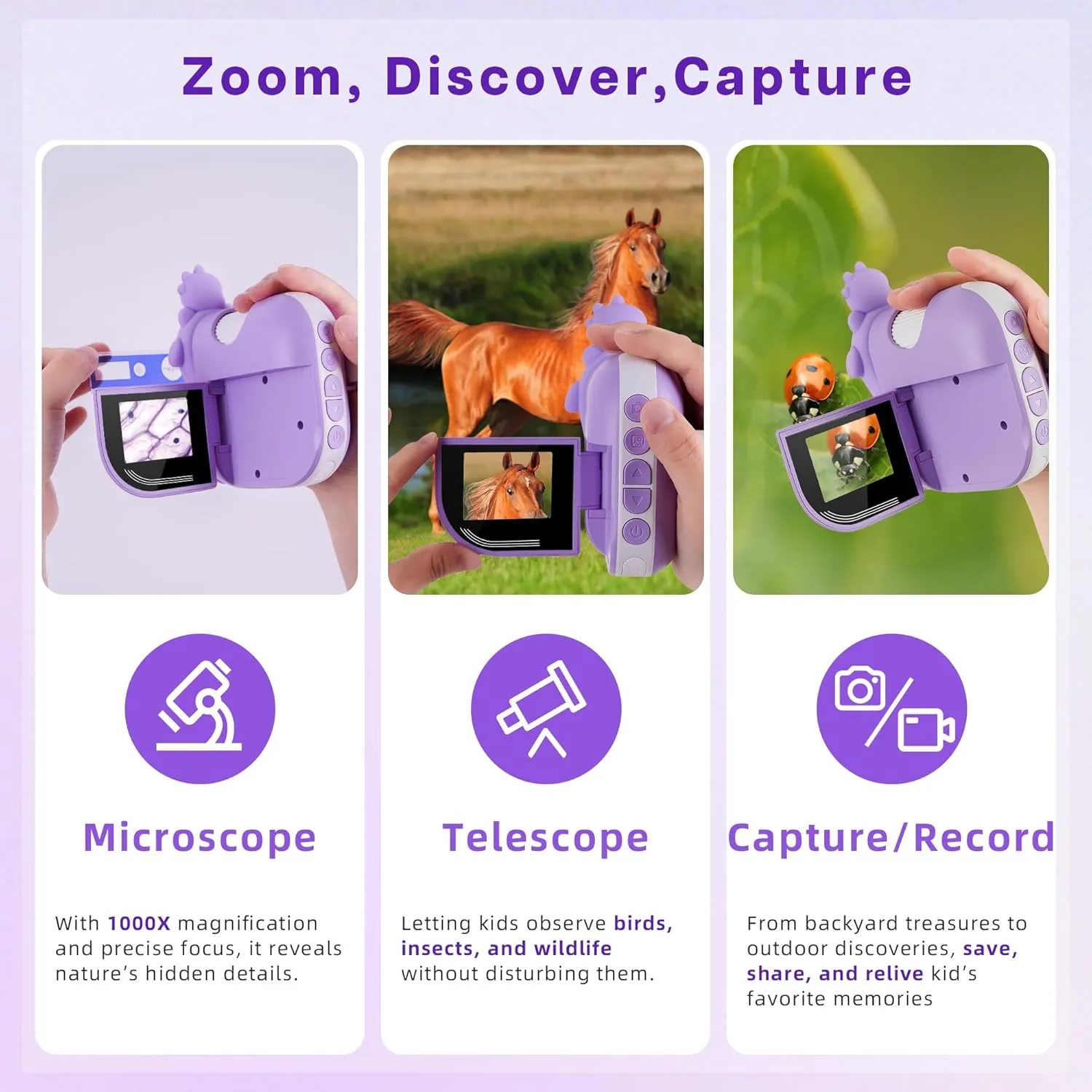 Dino Microscope for Kids, 1000x Portable Digital Microscope Camera with 2" Screen, Educational Science Kit Birthday Gifts for Kid Age 4-12, 32GB TF Card Included