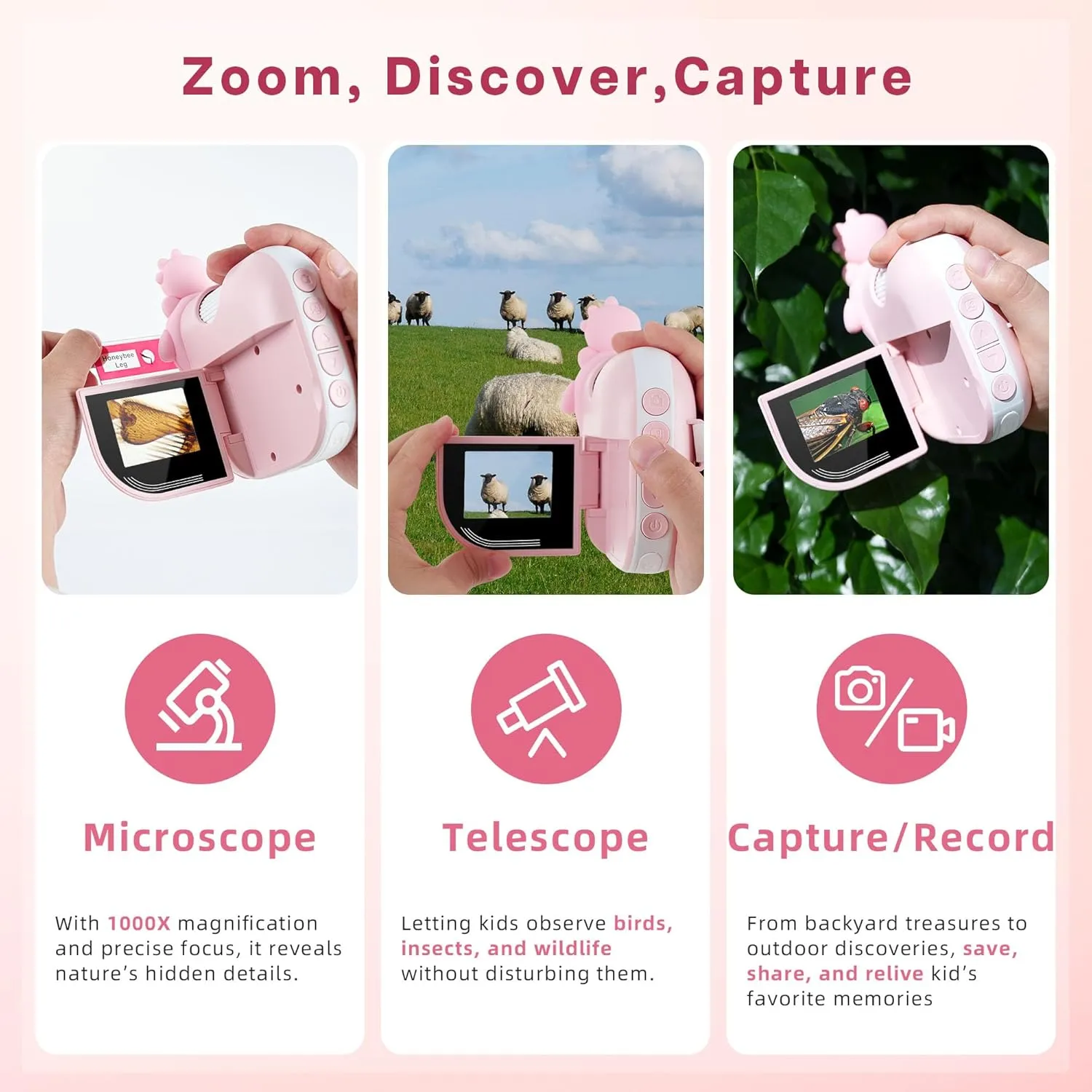 Dino Microscope for Kids, 1000x Portable Digital Microscope Camera with 2" Screen, Educational Science Kit Birthday Gifts for Kid Age 4-12, 32GB TF Card Included