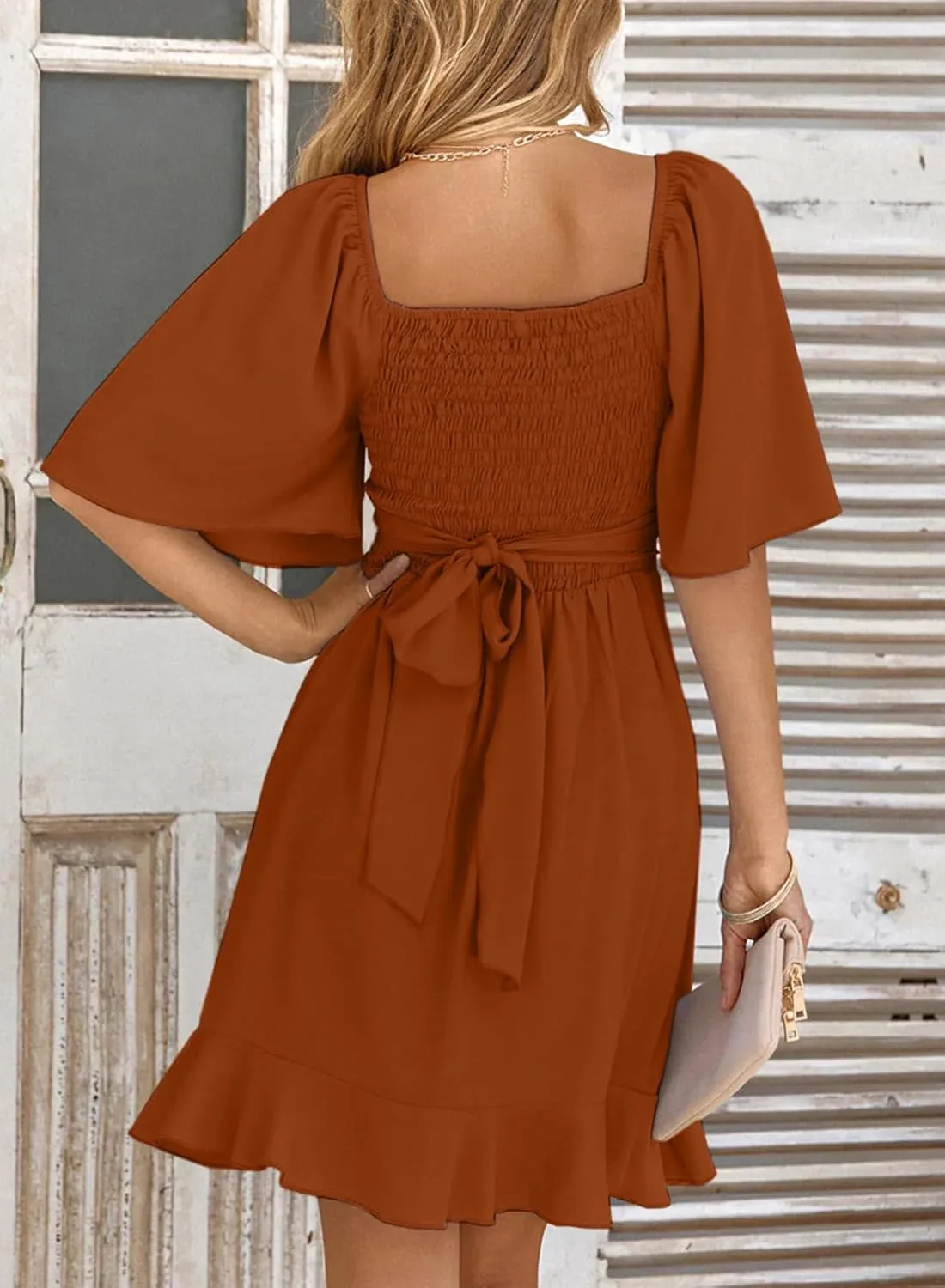 Dokotoo Women's Wrap V Neck Short Flared Sleeve Wedding Guest Dress Smocked Elastic Waist Tiered Belted Ruffle Hem Mini Dress