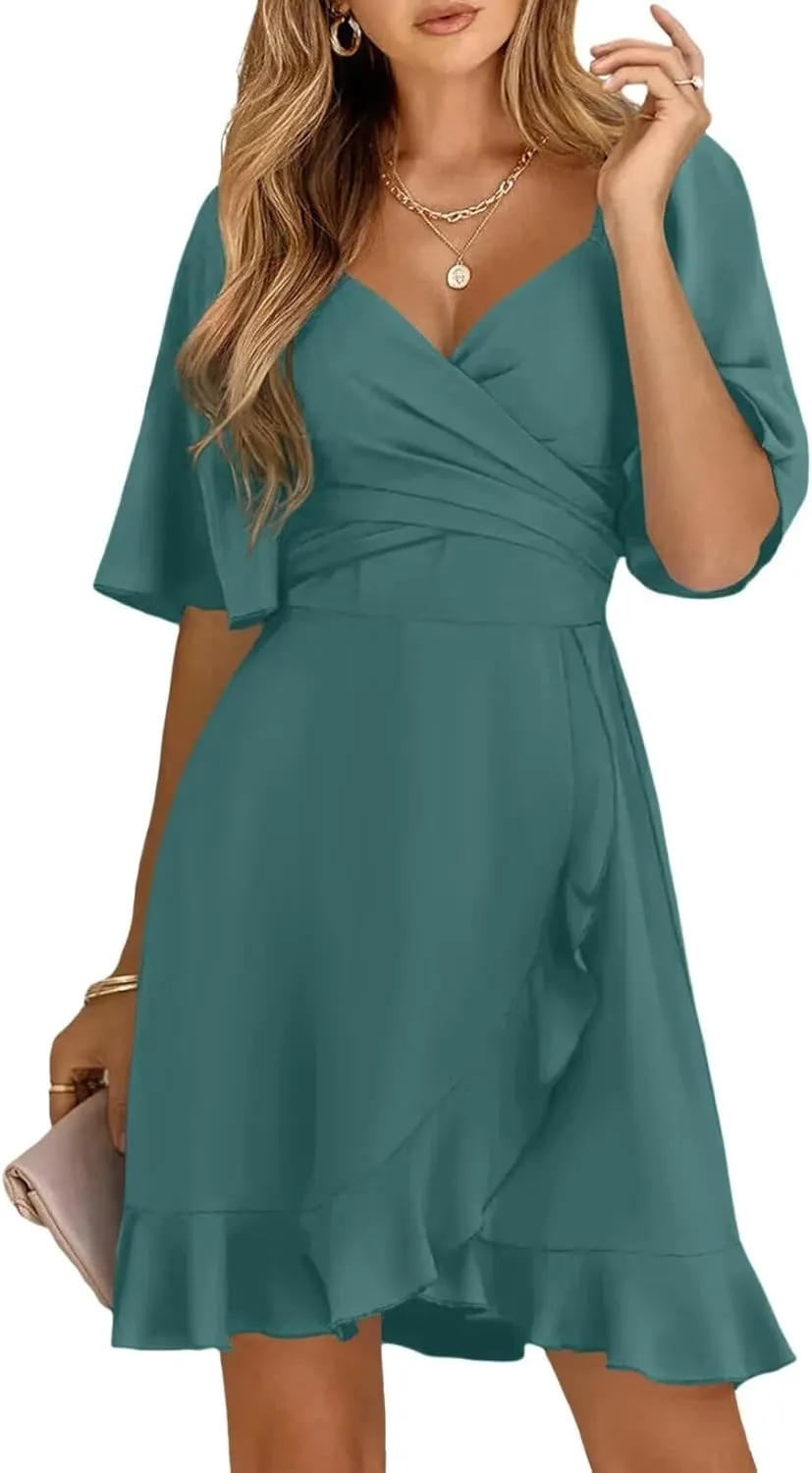 Dokotoo Women's Wrap V Neck Short Flared Sleeve Wedding Guest Dress Smocked Elastic Waist Tiered Belted Ruffle Hem Mini Dress