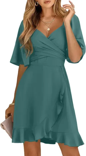Dokotoo Women's Wrap V Neck Short Flared Sleeve Wedding Guest Dress Smocked Elastic Waist Tiered Belted Ruffle Hem Mini Dress