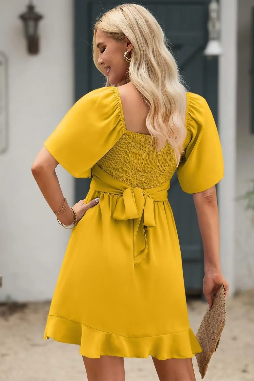 Dokotoo Women's Wrap V Neck Short Flared Sleeve Wedding Guest Dress Smocked Elastic Waist Tiered Belted Ruffle Hem Mini Dress