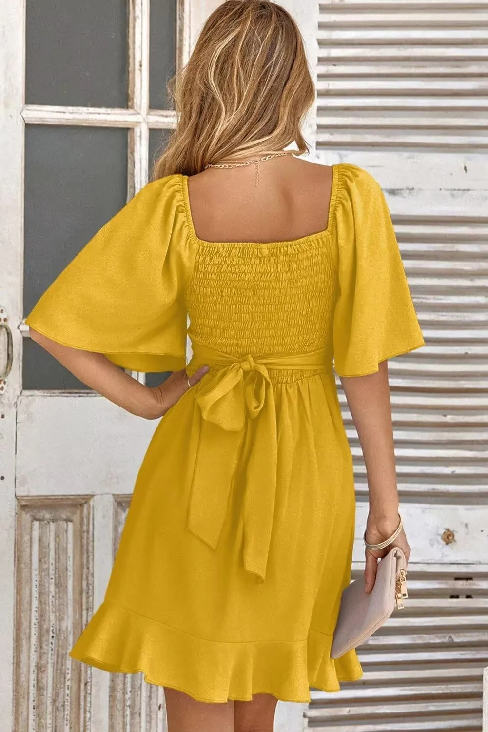 Dokotoo Women's Wrap V Neck Short Flared Sleeve Wedding Guest Dress Smocked Elastic Waist Tiered Belted Ruffle Hem Mini Dress