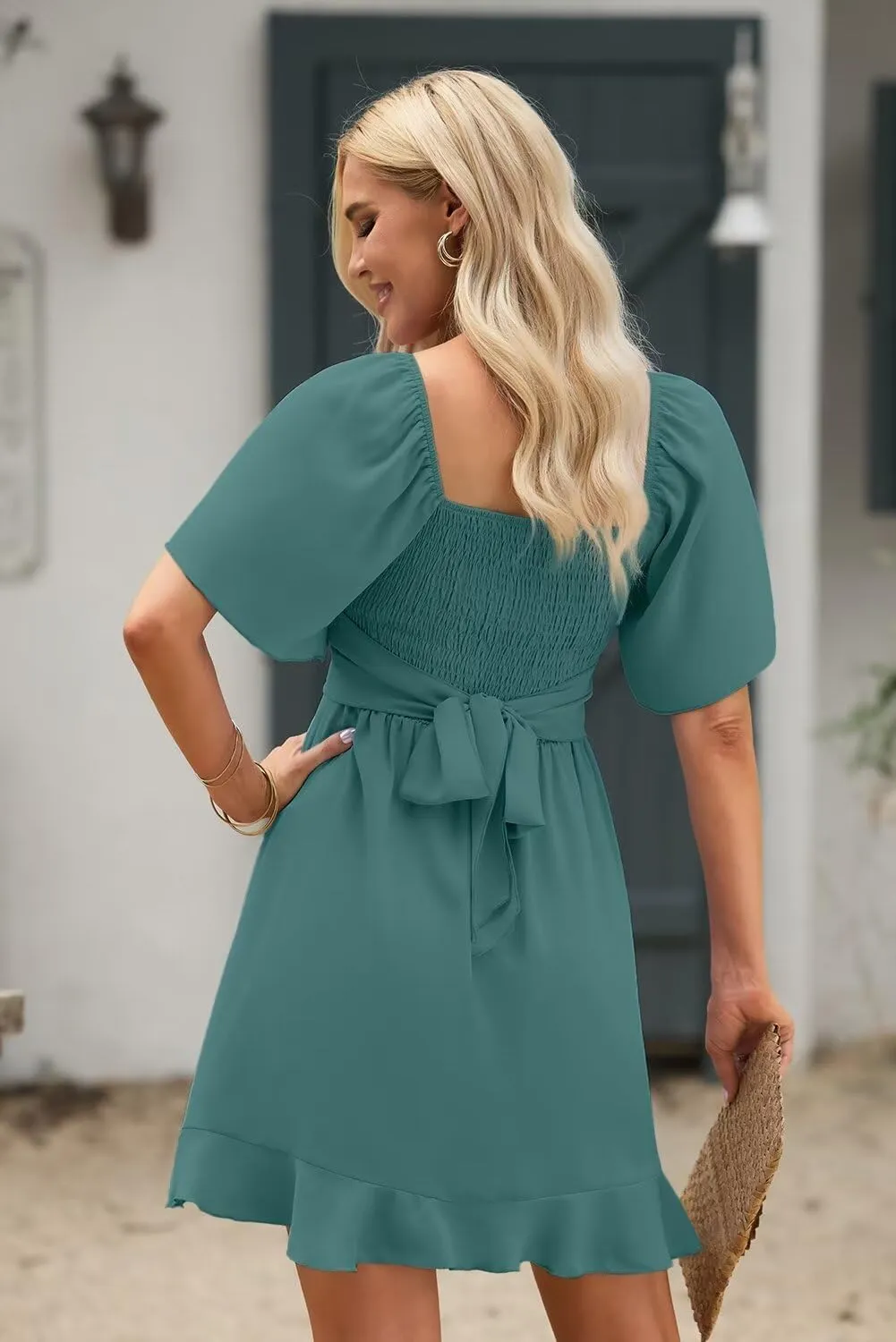 Dokotoo Women's Wrap V Neck Short Flared Sleeve Wedding Guest Dress Smocked Elastic Waist Tiered Belted Ruffle Hem Mini Dress