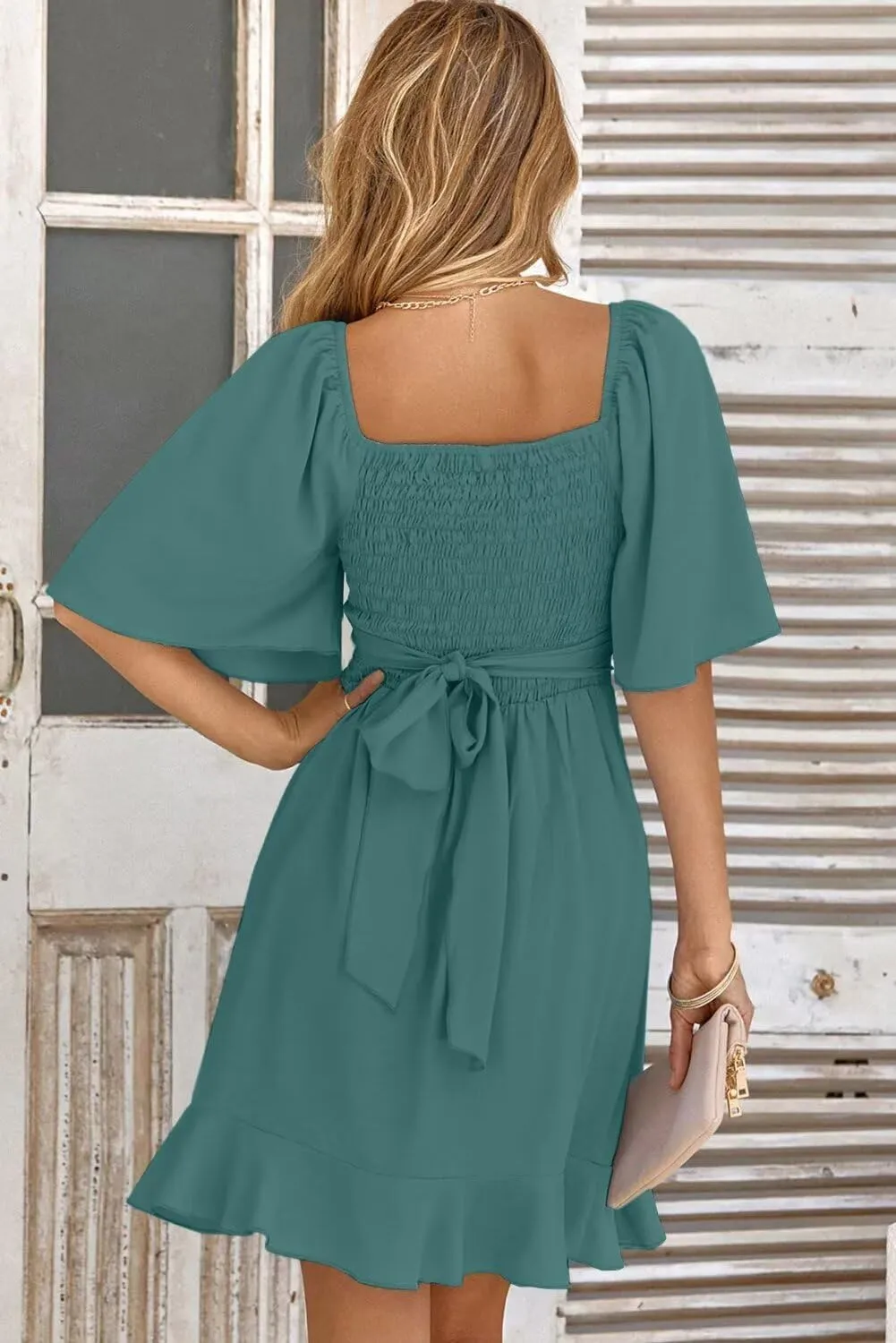 Dokotoo Women's Wrap V Neck Short Flared Sleeve Wedding Guest Dress Smocked Elastic Waist Tiered Belted Ruffle Hem Mini Dress