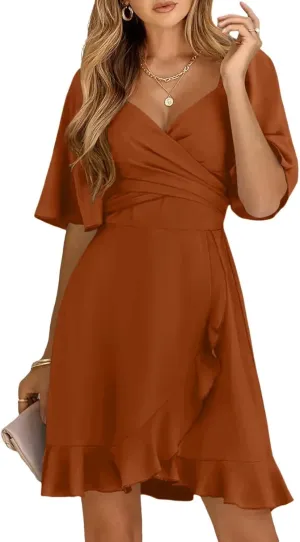Dokotoo Women's Wrap V Neck Short Flared Sleeve Wedding Guest Dress Smocked Elastic Waist Tiered Belted Ruffle Hem Mini Dress