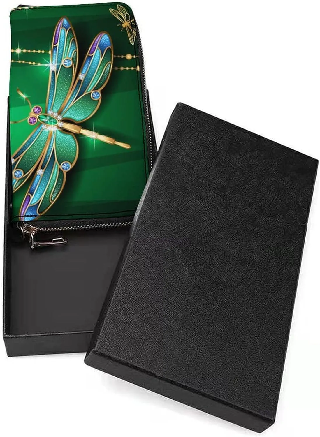 Donnapink Green Dragonfly with Glitter Stars Long Clutch Wallet, Long Handbag with Removable Wristlet Strap, PU Leather Zip Purse, Credit Pass Case Card-Holder for Men Women