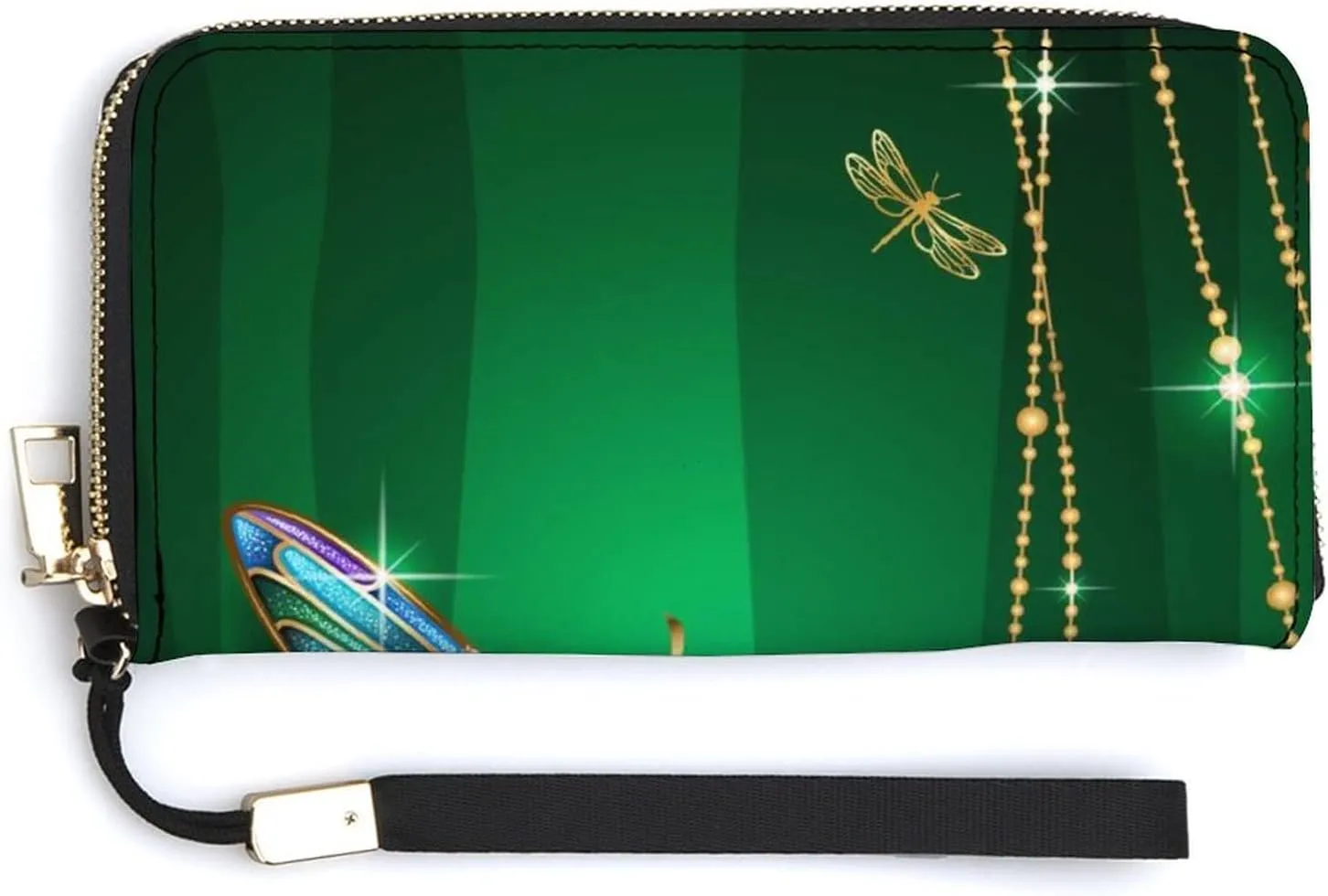 Donnapink Green Dragonfly with Glitter Stars Long Clutch Wallet, Long Handbag with Removable Wristlet Strap, PU Leather Zip Purse, Credit Pass Case Card-Holder for Men Women