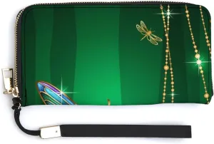 Donnapink Green Dragonfly with Glitter Stars Long Clutch Wallet, Long Handbag with Removable Wristlet Strap, PU Leather Zip Purse, Credit Pass Case Card-Holder for Men Women
