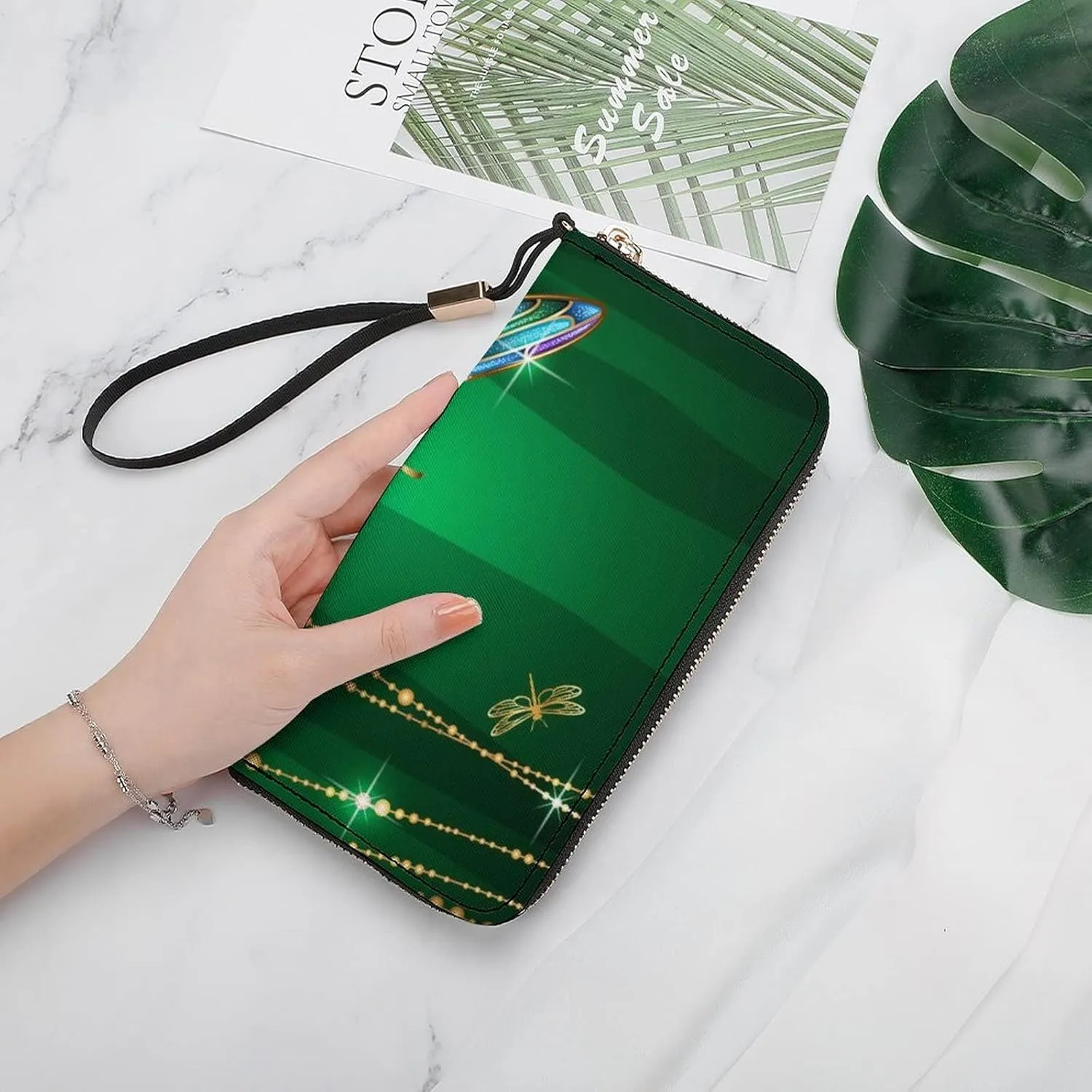 Donnapink Green Dragonfly with Glitter Stars Long Clutch Wallet, Long Handbag with Removable Wristlet Strap, PU Leather Zip Purse, Credit Pass Case Card-Holder for Men Women
