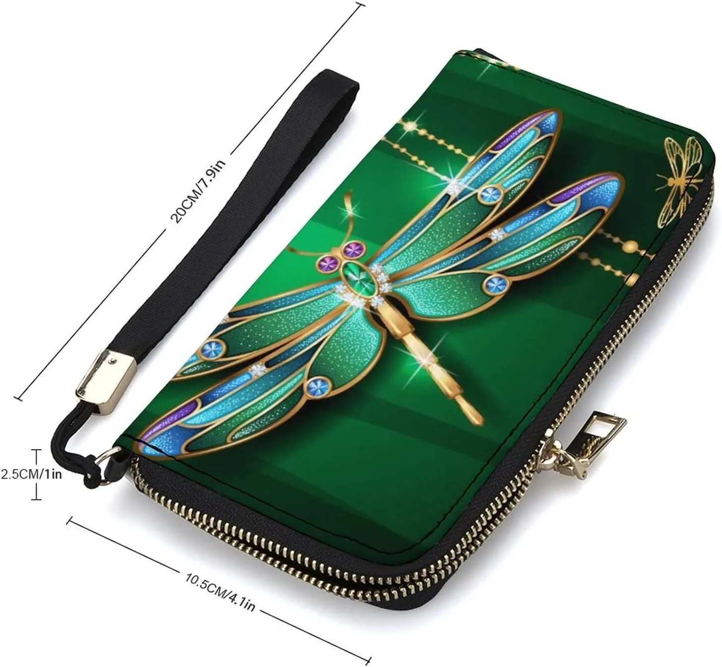 Donnapink Green Dragonfly with Glitter Stars Long Clutch Wallet, Long Handbag with Removable Wristlet Strap, PU Leather Zip Purse, Credit Pass Case Card-Holder for Men Women