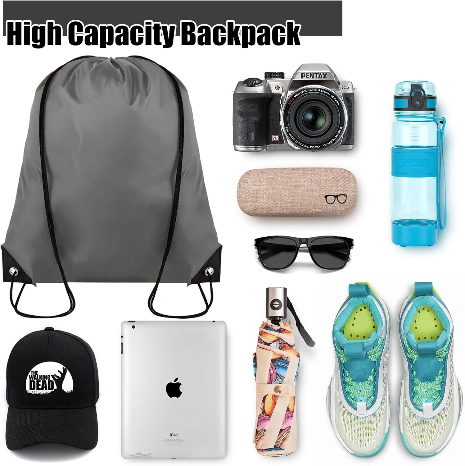 Drawstring Backpack Bulk 100Pcs Cinch Bag, Polyester Drawstring Bags for Gym Beach Sports Short Trip Party (Grey)