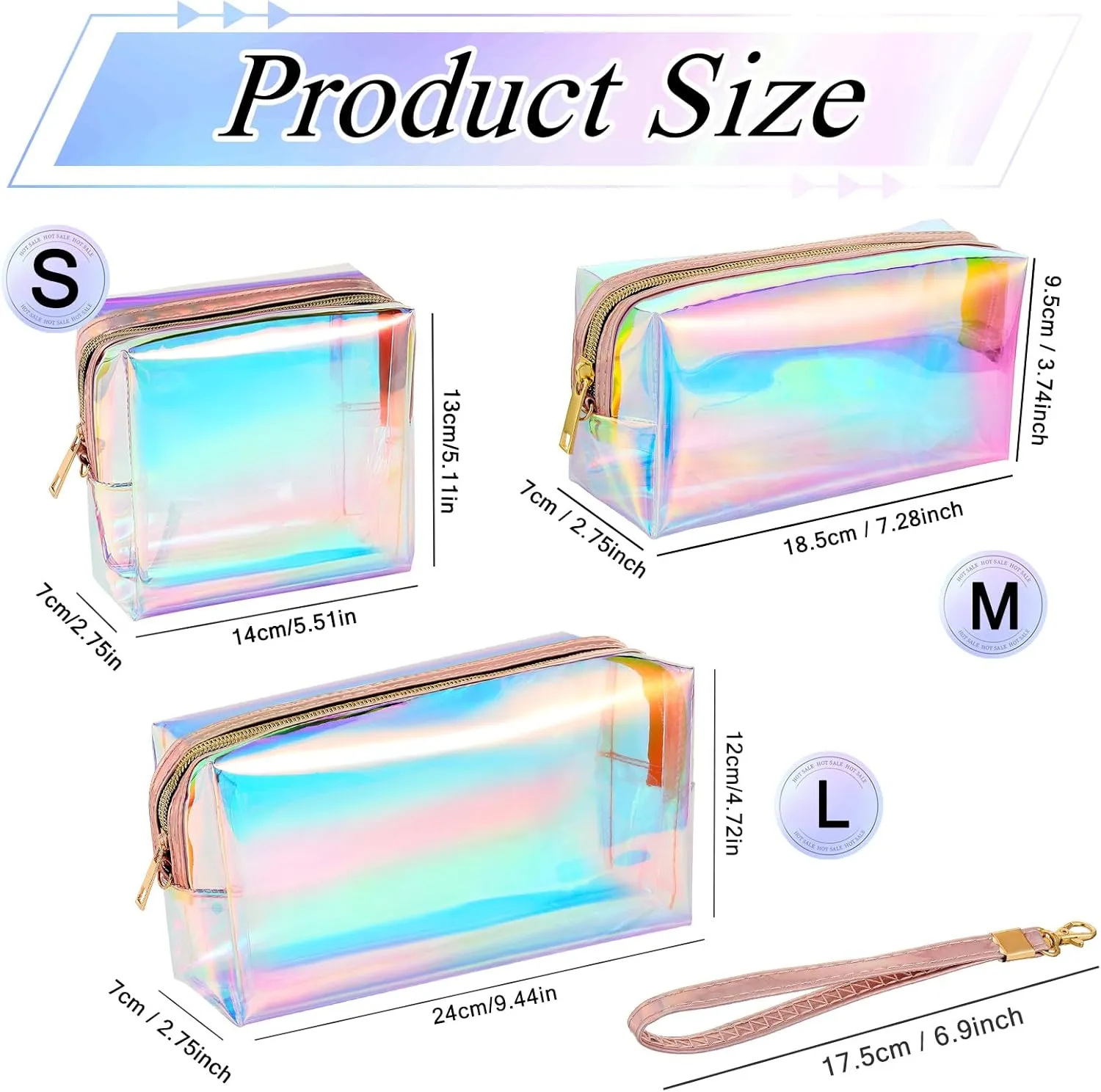 Dunzy 8 Pcs Holographic Clear Makeup Bags with Zipper Travel Cosmetic Bag Iridescent Makeup Pouches with Wrist Loop Waterproof Toiletry Organizer Case Home Office Purse Diaper Bag Vacation Gift(M)