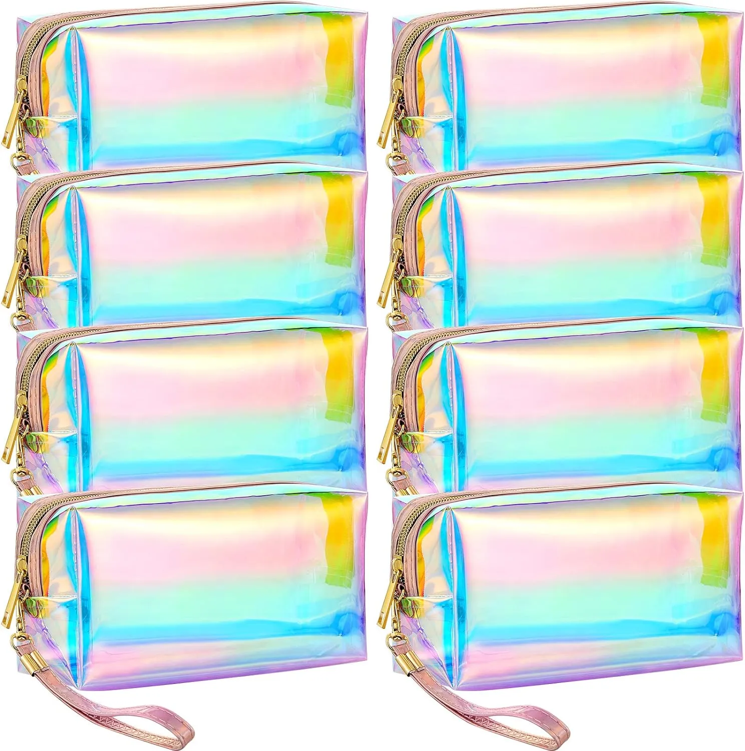 Dunzy 8 Pcs Holographic Clear Makeup Bags with Zipper Travel Cosmetic Bag Iridescent Makeup Pouches with Wrist Loop Waterproof Toiletry Organizer Case Home Office Purse Diaper Bag Vacation Gift(M)