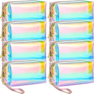 Dunzy 8 Pcs Holographic Clear Makeup Bags with Zipper Travel Cosmetic Bag Iridescent Makeup Pouches with Wrist Loop Waterproof Toiletry Organizer Case Home Office Purse Diaper Bag Vacation Gift(M)