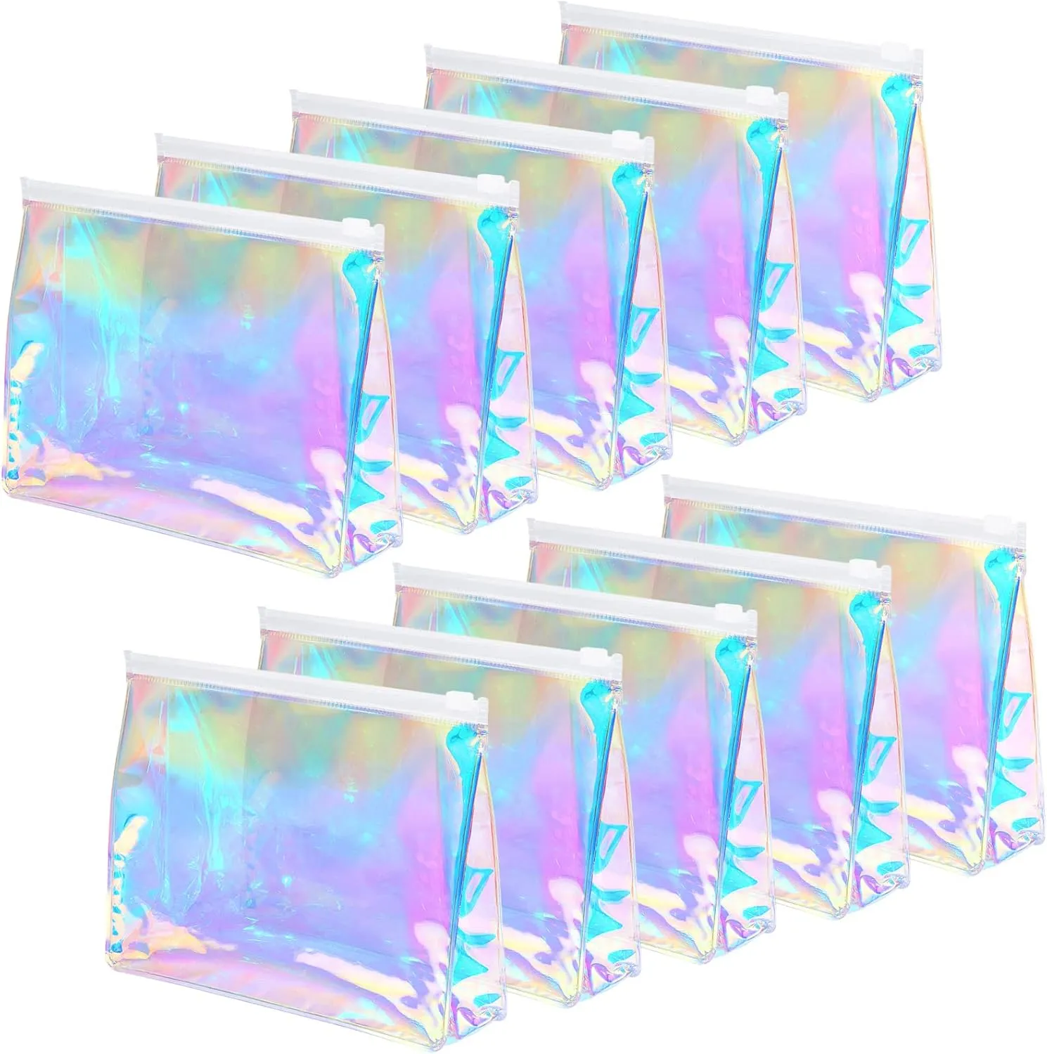 Dunzy Holographic Makeup Bag Bulk, Clear Iridescent Cosmetic Bag Portable Waterproof PVC Makeup Pouch Zippered Toiletry Bag Employee Appreciation Gifts for Teacher Women Travel(10 Pieces)