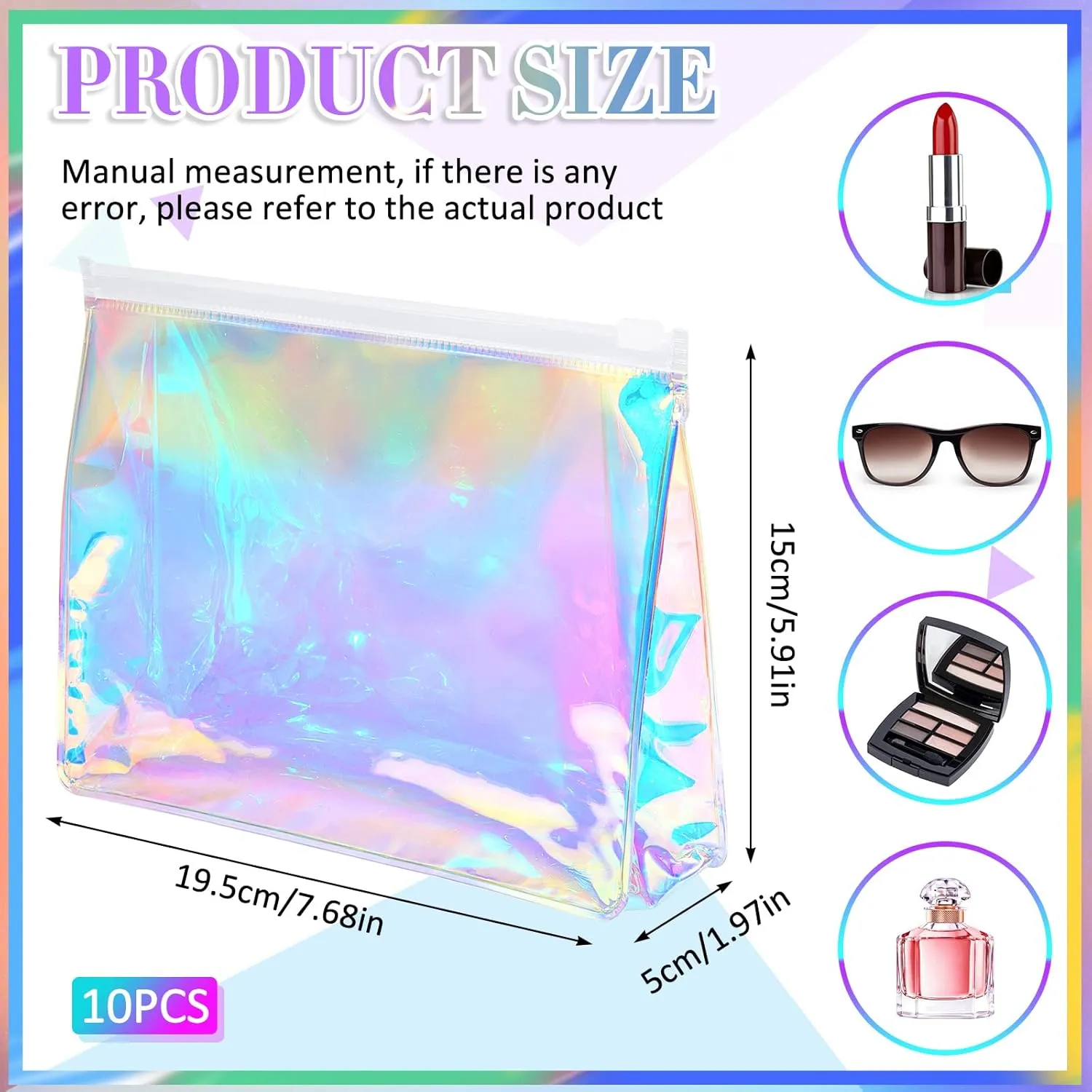 Dunzy Holographic Makeup Bag Bulk, Clear Iridescent Cosmetic Bag Portable Waterproof PVC Makeup Pouch Zippered Toiletry Bag Employee Appreciation Gifts for Teacher Women Travel(10 Pieces)