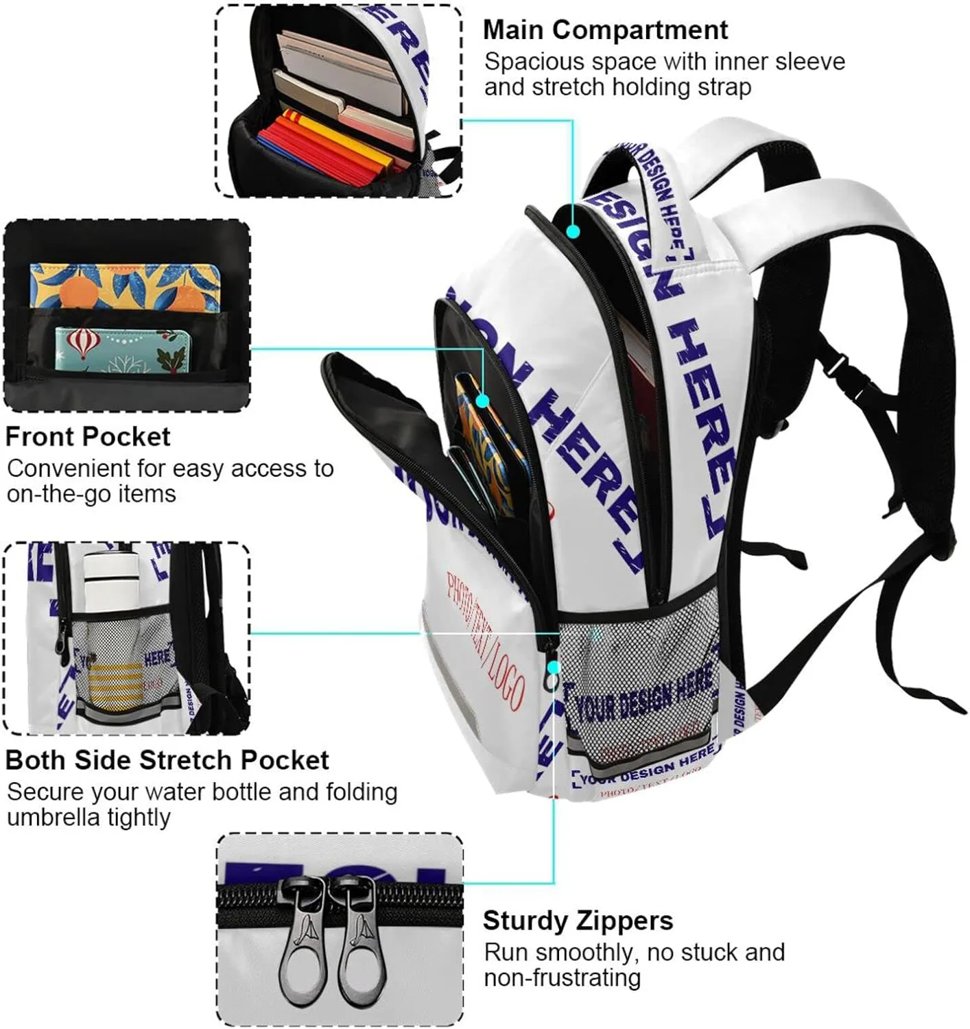 Dussdil Personalized Custom Name Kids Backpack Turn Your Photo Into Backpacks 16 inch Laptop Bag Casual Daypack Back Pack Double Zipper Travel Sports Bags with Adjustable Shoulder Strap