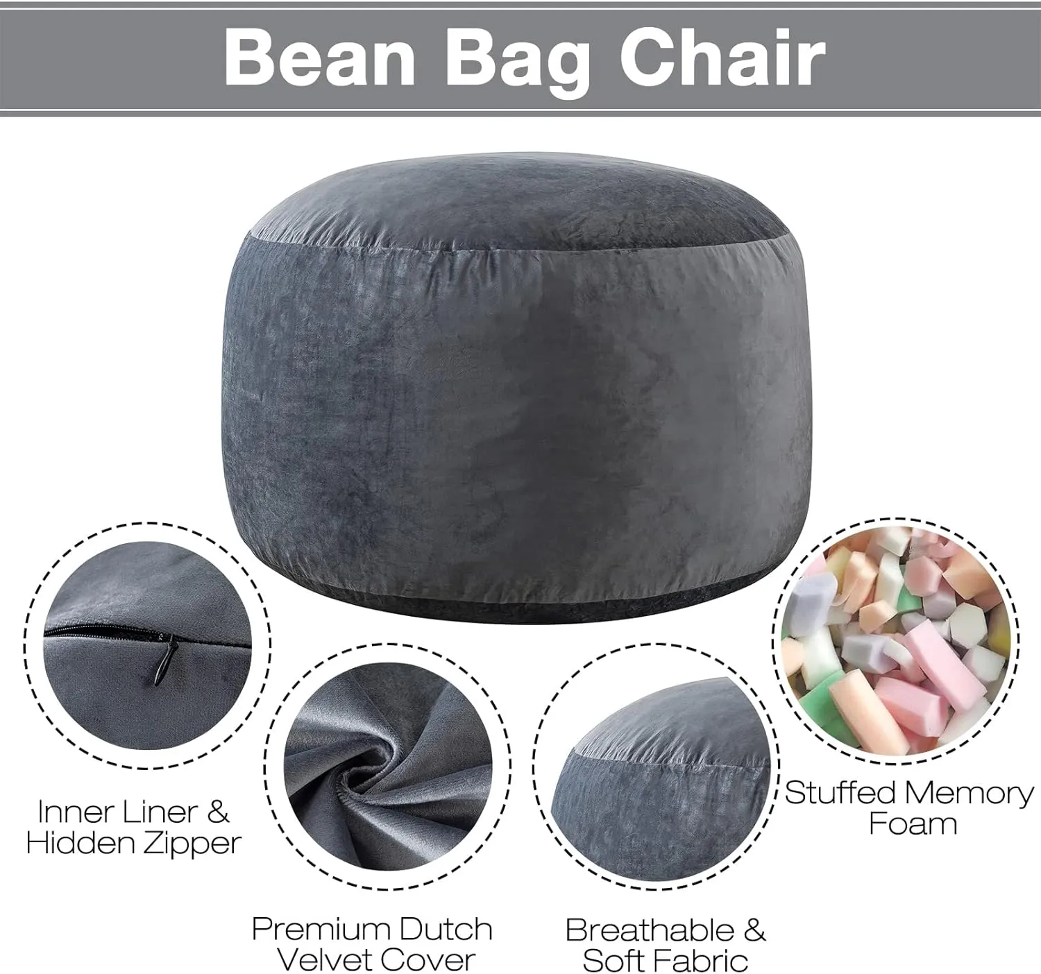 EDUJIN 5 ft Bean Bag Chair: 5' Large Memory Foam Filled Bean Bag Chairs for Adults with Filling,Ultra Soft Dutch Velvet Cover,Round Fluffy Lazy Sofa for Living Room - 5 Foot, Dark Gray