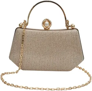 Elegant Clutch Handbag with Pearl Ornament and Detachable Chain Strap, 4.7H x 7.9W x 2.4D inches