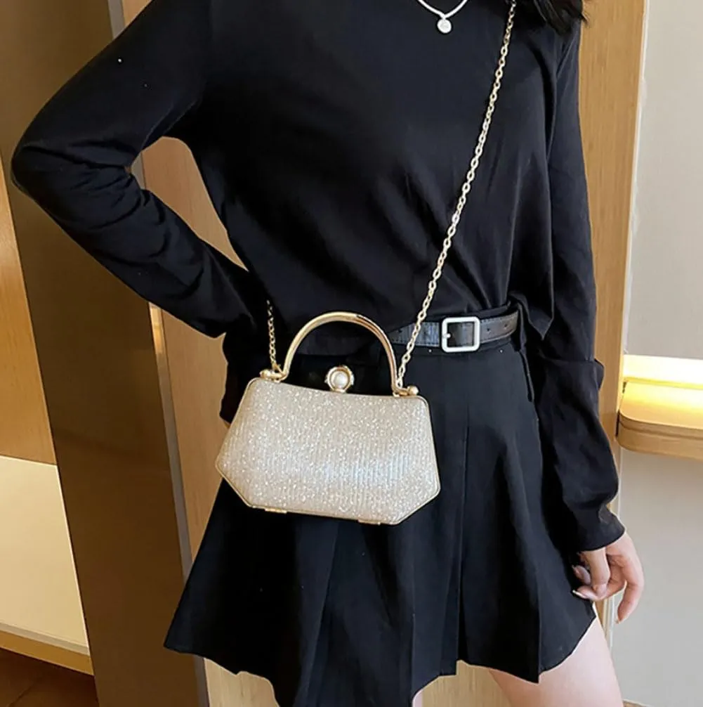 Elegant Clutch Handbag with Pearl Ornament and Detachable Chain Strap, 4.7H x 7.9W x 2.4D inches