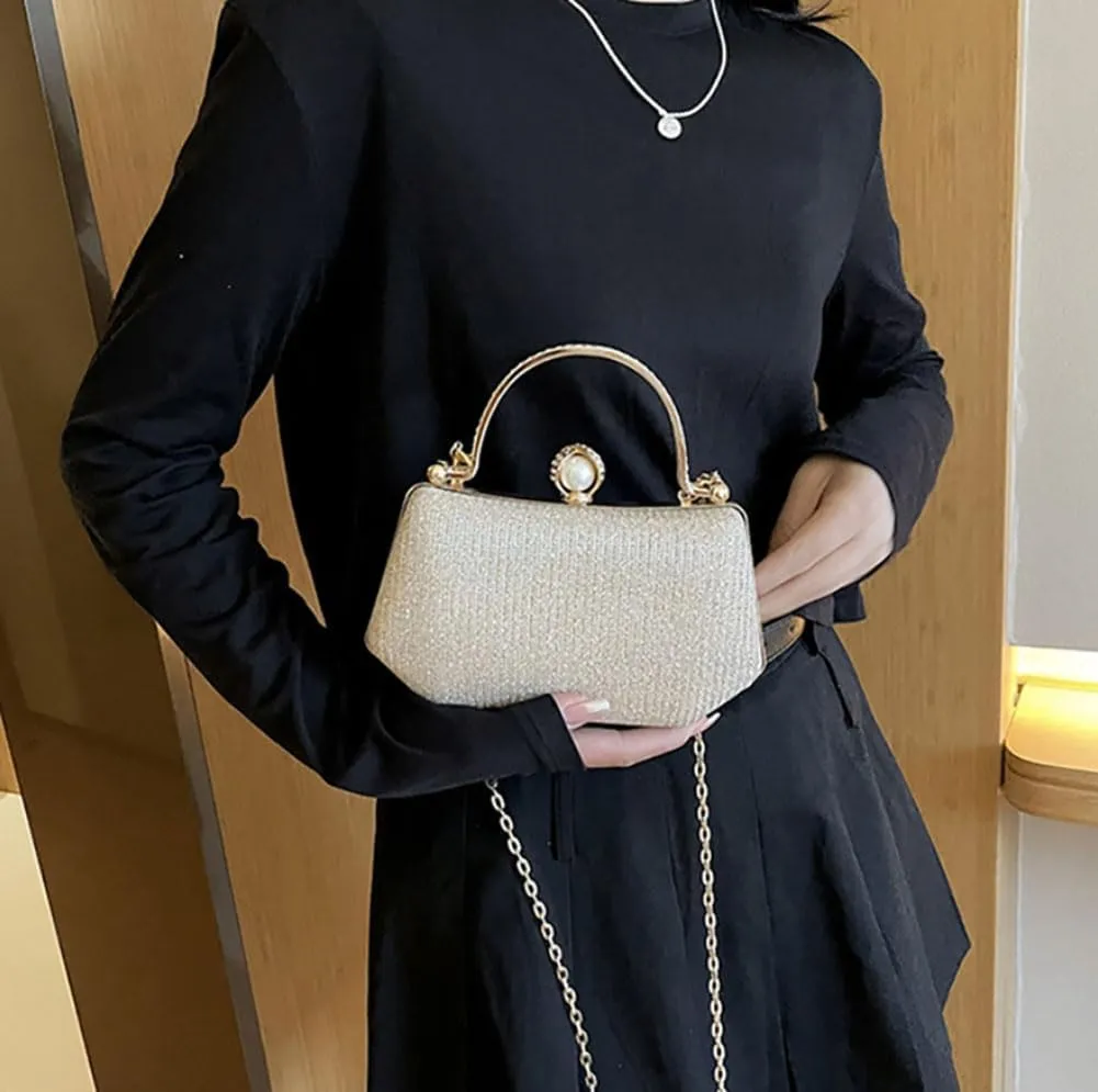 Elegant Clutch Handbag with Pearl Ornament and Detachable Chain Strap, 4.7H x 7.9W x 2.4D inches
