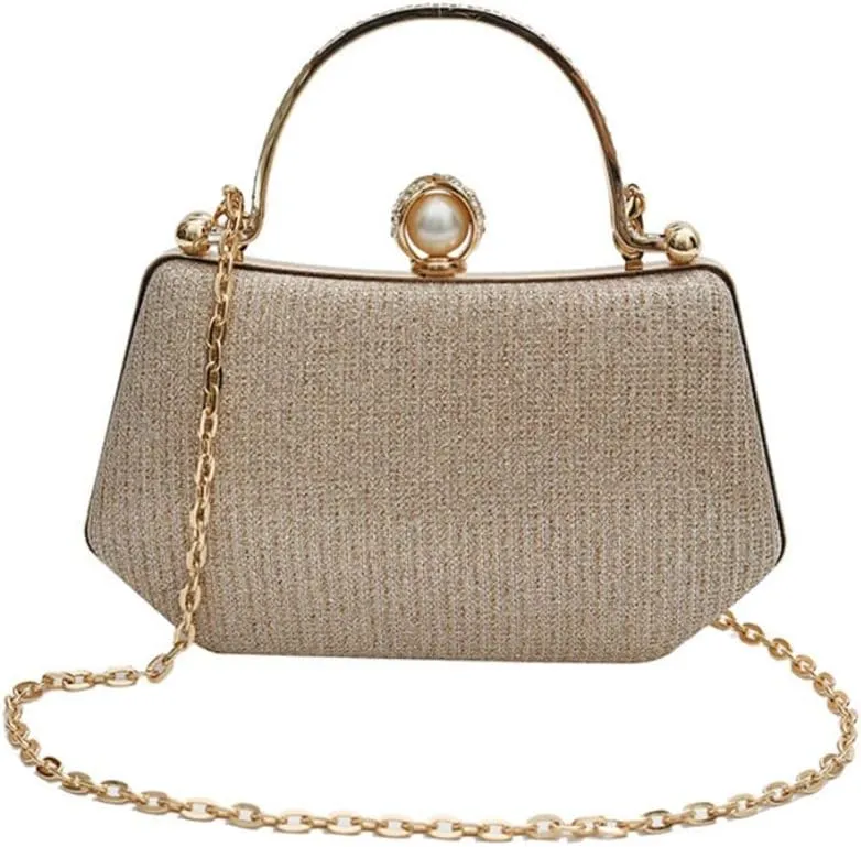 Elegant Clutch Handbag with Pearl Ornament and Detachable Chain Strap, 4.7H x 7.9W x 2.4D inches