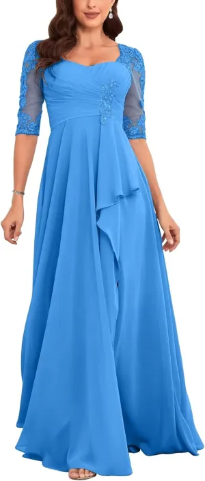Elegant Floor Length Mother of The Bride Dresses for Wedding Chiffon Half Sleeve Lace Applique Formal Evening Dress