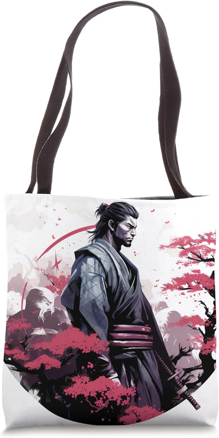 Elegant Samurai Symphony: Couture's Floral Grace Tote Bag