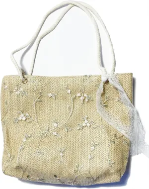 Embroidered Flowers Golden Straw Tote Handbag Shoulder Strap Purse