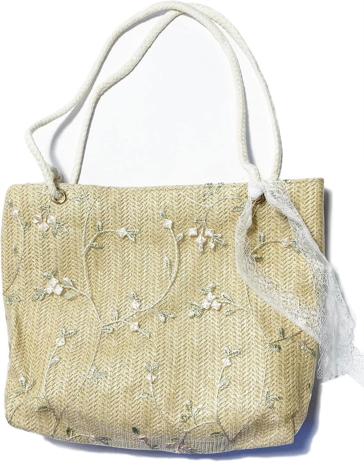 Embroidered Flowers Golden Straw Tote Handbag Shoulder Strap Purse