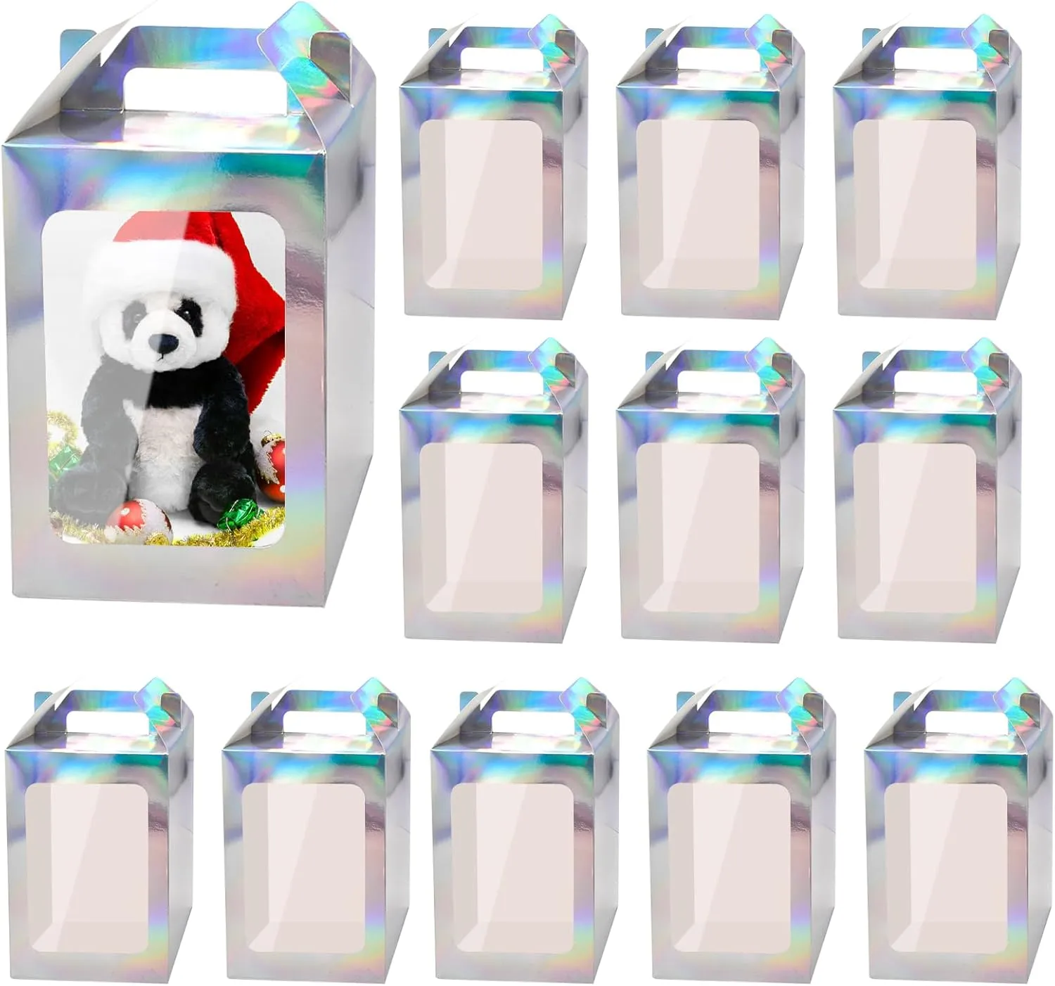Enorteen 12-Piece Iridescent Gift Bags with Transparent Windows: Holographic Silver, Ideal for Bridal Showers and Festivals