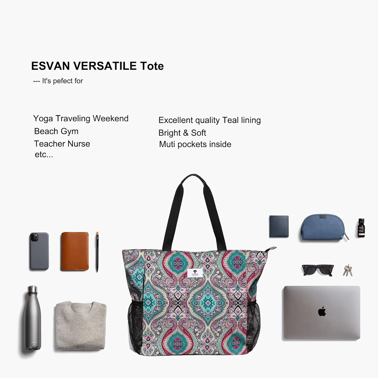 ESVAN Yoga Mat Bag Yoga Tote Carrier Shoulder Bag Carryall Tote for Office,Yoga,Pilates,Travel,Beach and Gym