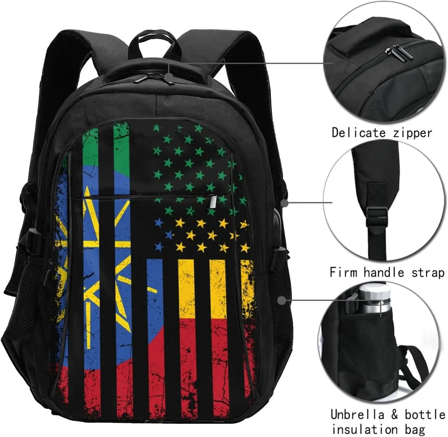 Ethiopian American Flag Ethiopian Roots Casual Travel Backpacks Hiking Camping Backpack Large Outdoor Sport Daypack Laptop Rucksack Climbing Working Bags with USB Port
